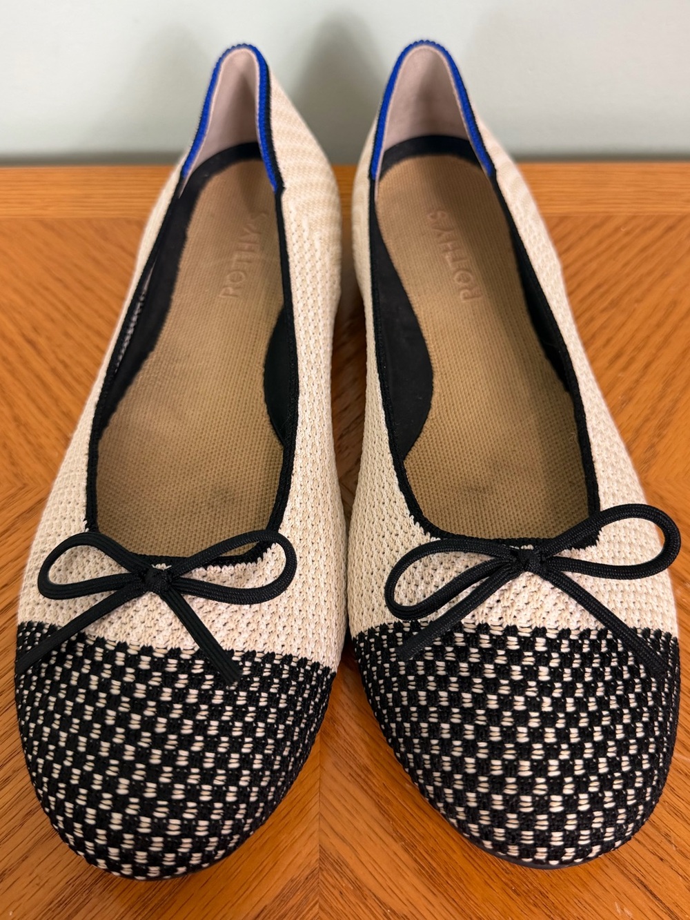 Rothy’s The Ballet Flat Beige & Black Round Captoe Coco Knit Bow Women Size 10 - Picture 7 of 12
